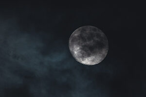 Full moon shrouded in clouds