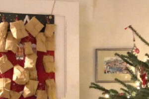 Advent calendar hanging with a Christmas tree next to it