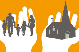 graphic image of two hands palms upward; family in one hand, church in the other