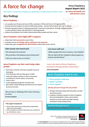 A force for change - the one page summary of the Anna Chaplaincy Impact Report 2021