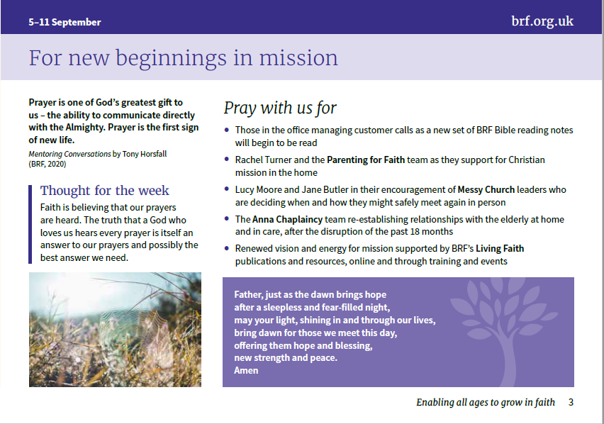 Prayer Diary inside page entitled 'For new beginnings in mission'