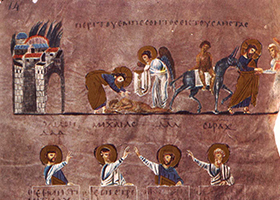 A folio from the Rossano Gospels depicting the parable of the good Samaritan.