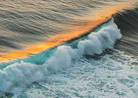 An aerial view of waves breaking on a shore with a sunlit wave crest